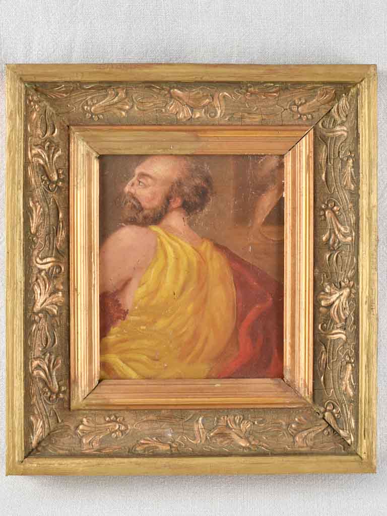 Very small portrait of a man in gilded frame wearing singlet and red blanket 11½" x 12¼"