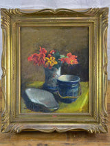 Antique French still life - nasturtiums and pottery 19" x 22"