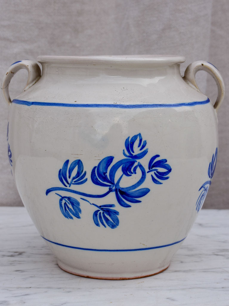19th Century French confit pot with handpainted blue flowers 7"