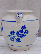 19th Century French confit pot with handpainted blue flowers 7"