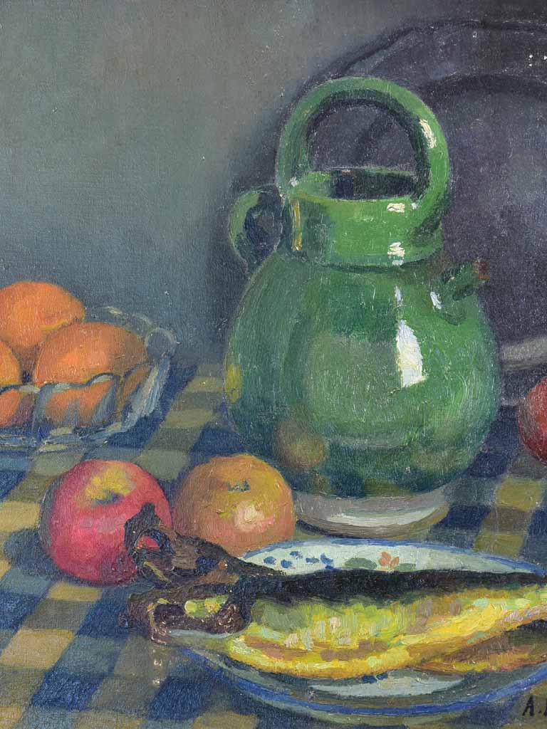 Antique French still life - fruit and fish on a blue and white tablecloth 18" x 21 ¾"