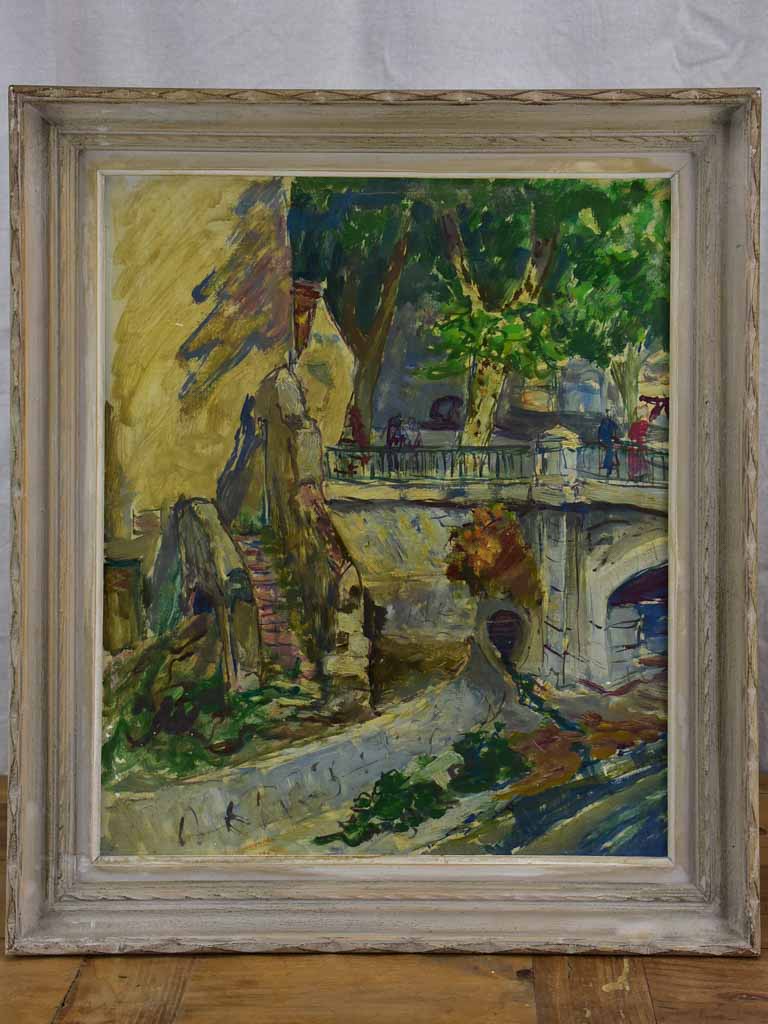 Antique French painting of a Provincial village, 1940's - 22 ½ x 26 ½""