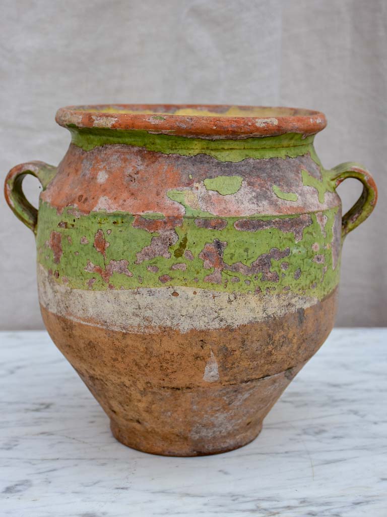 Antique French confit pot with rustic green glaze 8¾"