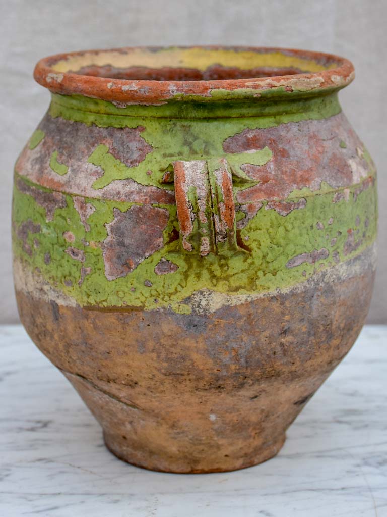 Antique French confit pot with rustic green glaze 8¾"