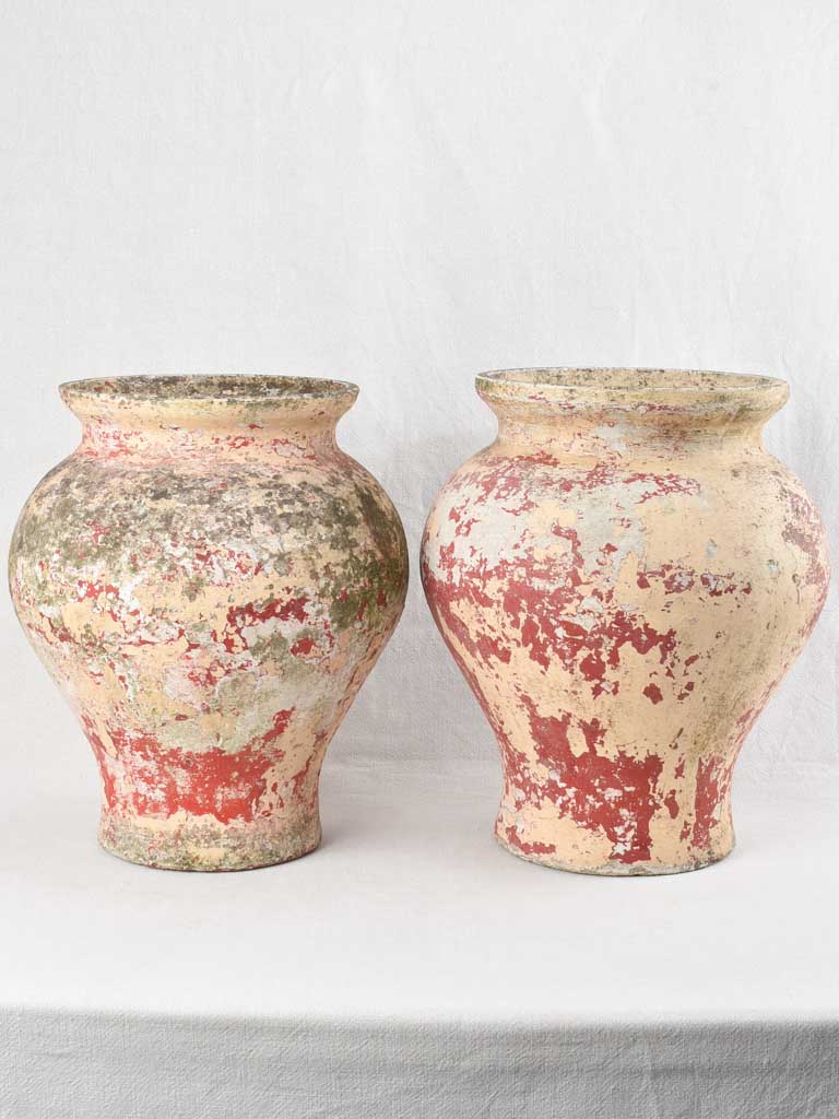 2 Willy Guhl planters with red & beige patina 18½"