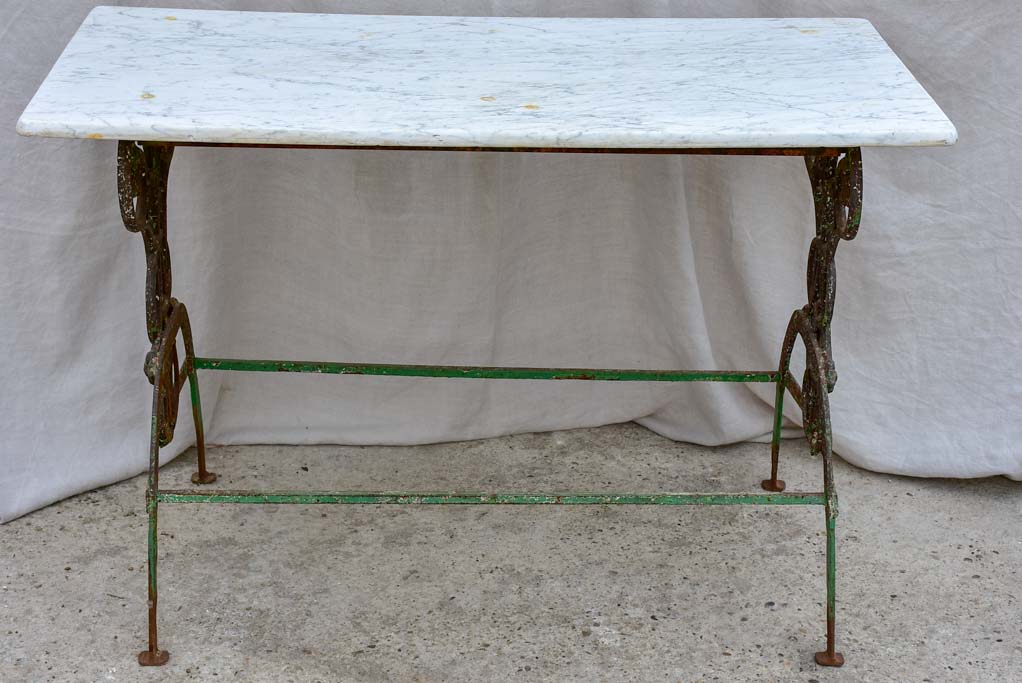 Rectangular marble French garden table with pretty green wrought iron base