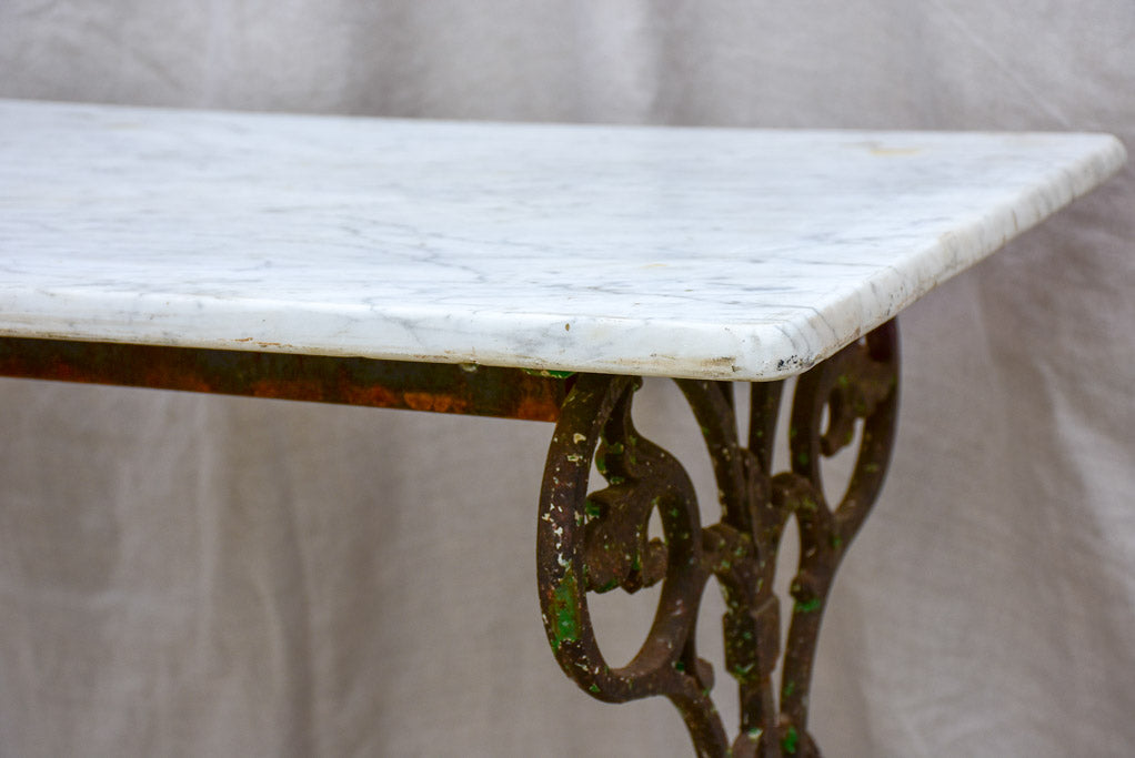 Rectangular marble French garden table with pretty green wrought iron base