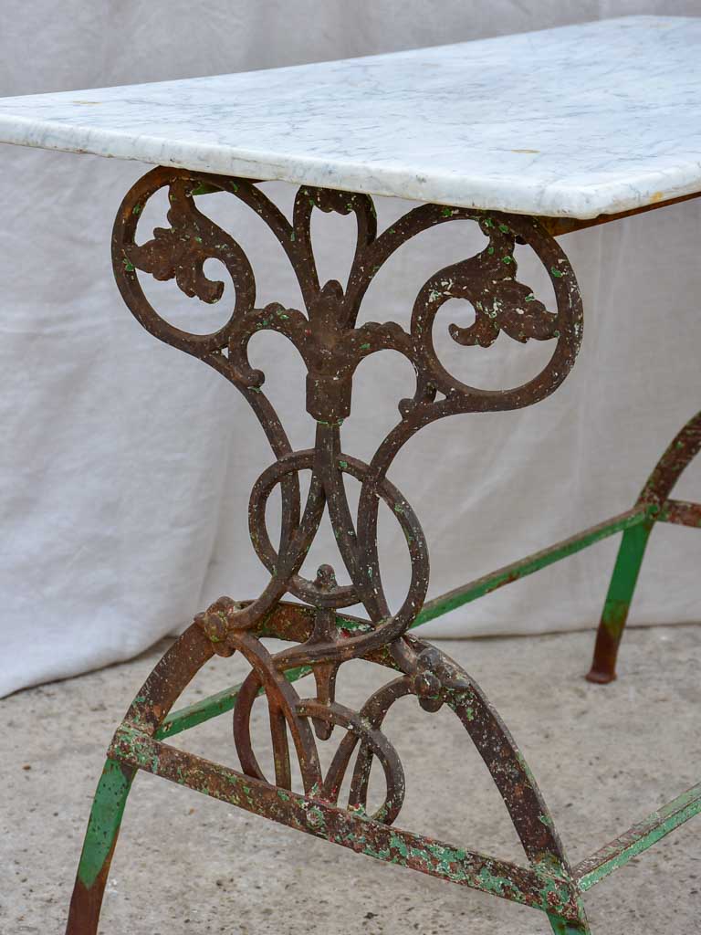 Rectangular marble French garden table with pretty green wrought iron base