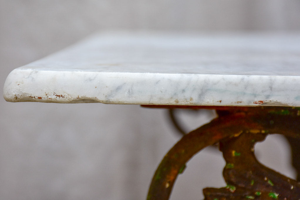 Rectangular marble French garden table with pretty green wrought iron base