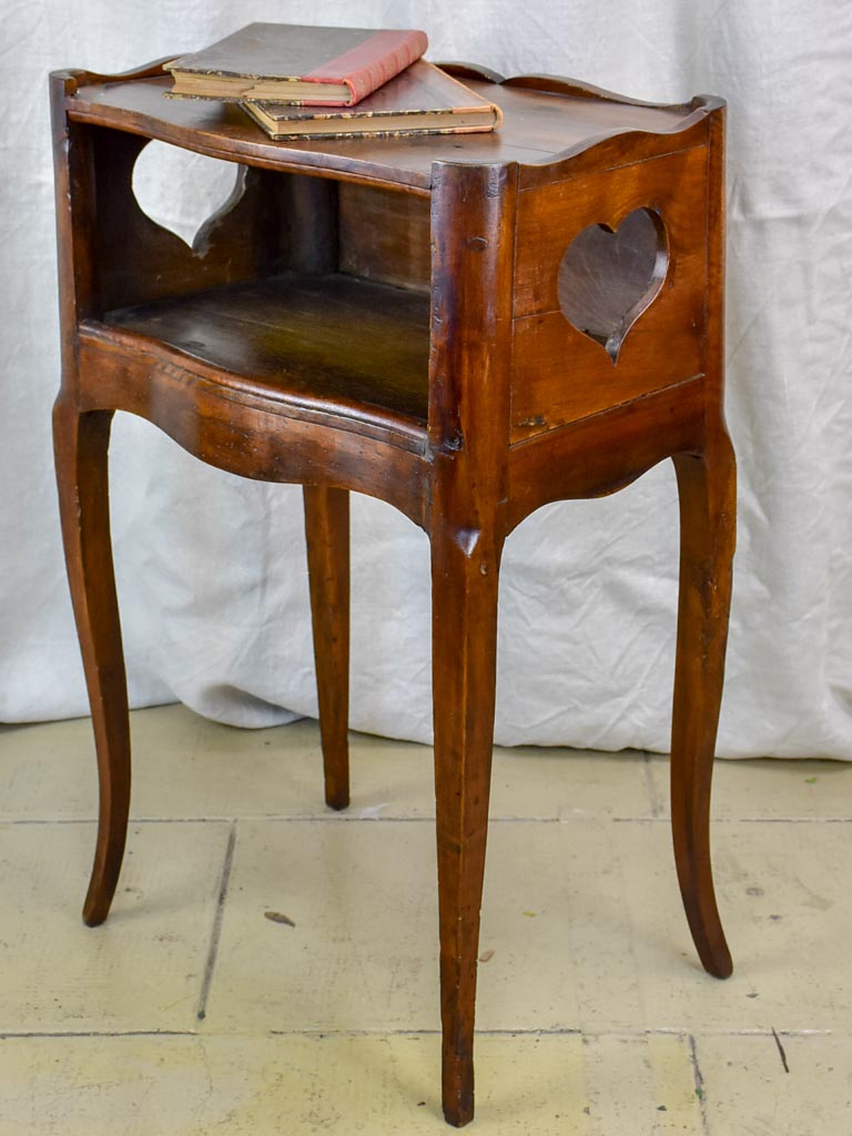 Antique French walnut nightstand with hearts