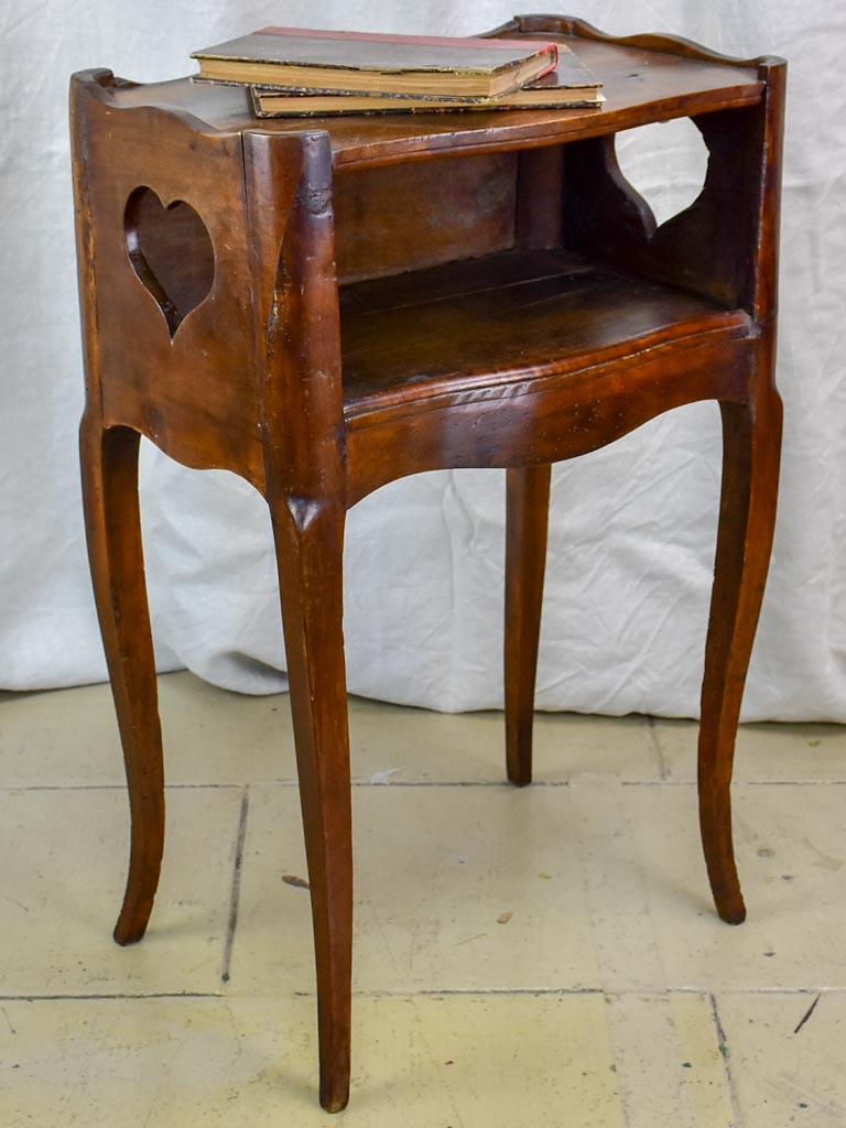 Antique French walnut nightstand with hearts