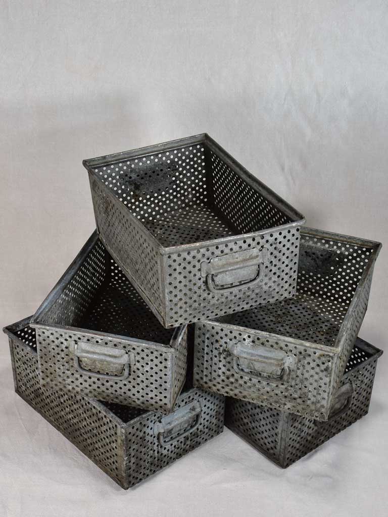 Five industrial German perforated zinc boxes 12½" x 19"