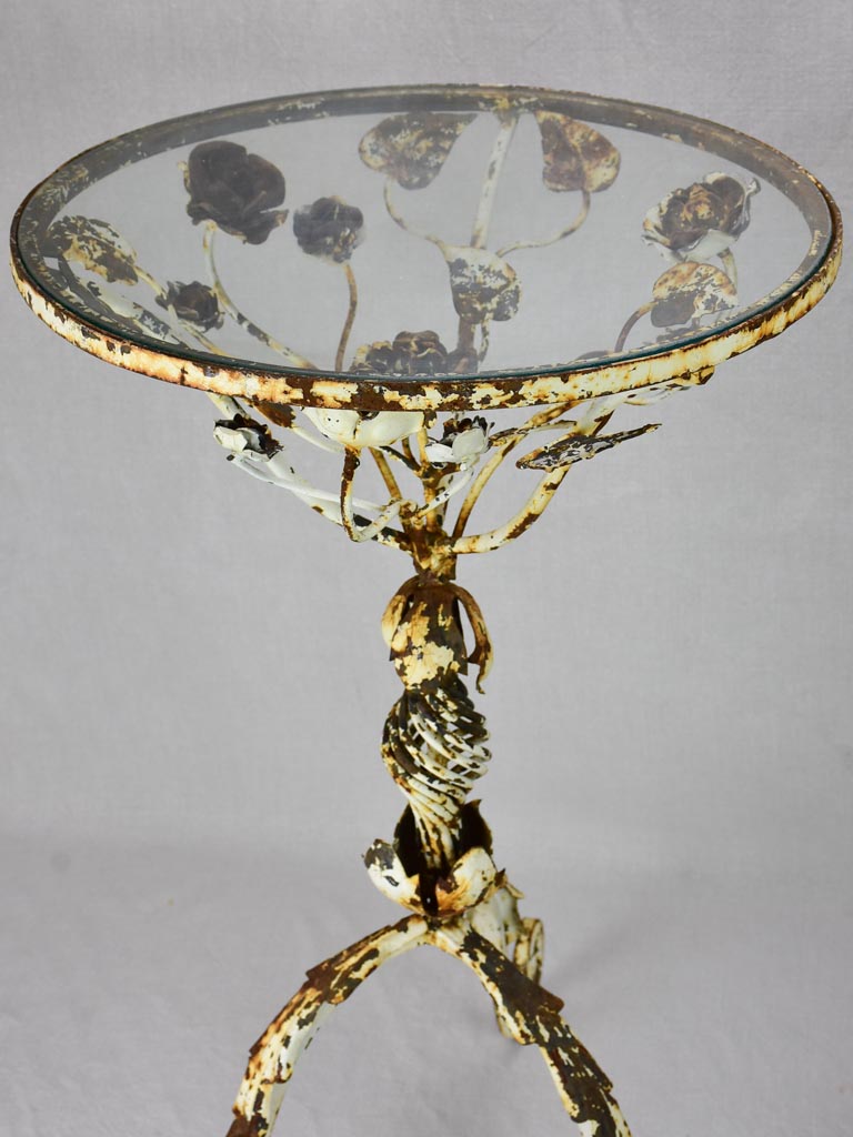 Pair of pretty weathered side tables with floral decoration and glass top