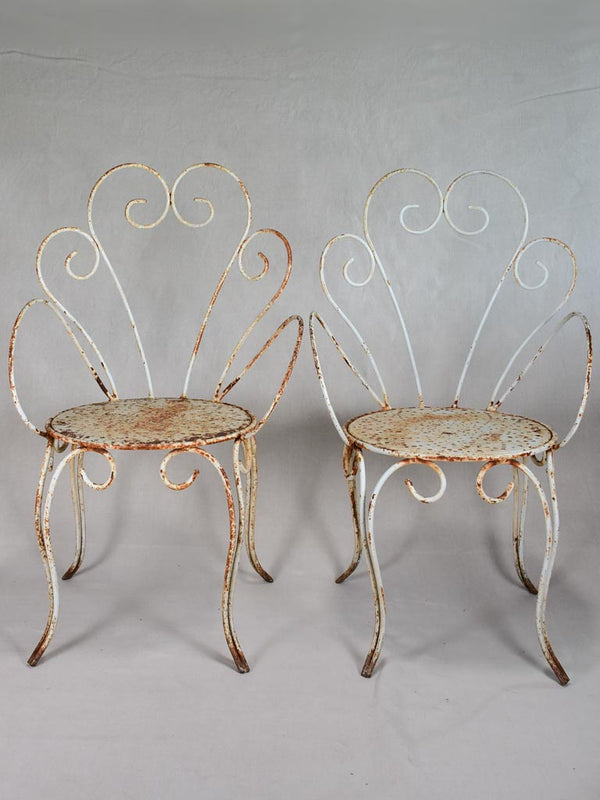 Pair of antique French garden armchairs - iron with white patina