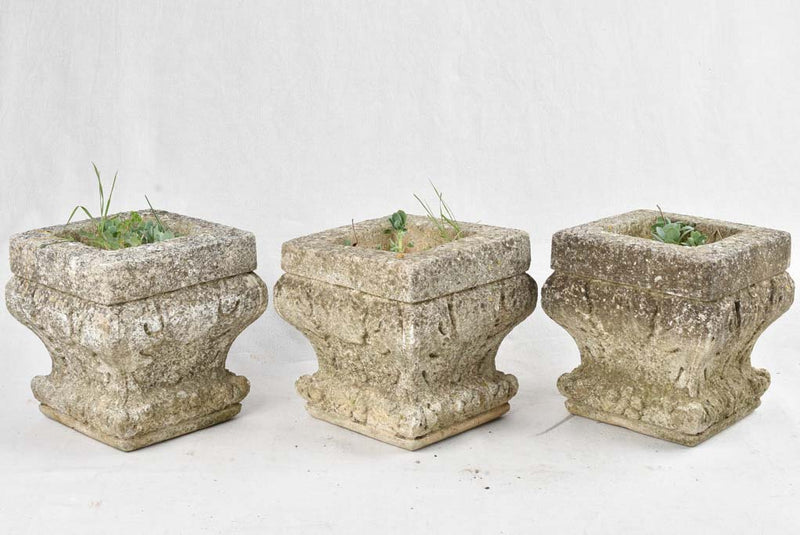 Three square antique stone planters 11"