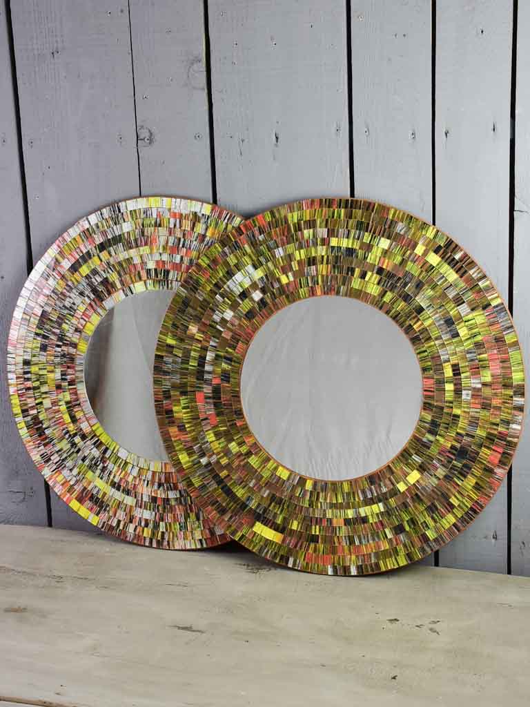 Pair of round vintage mirrors with colorful mosaic frames 23¾"