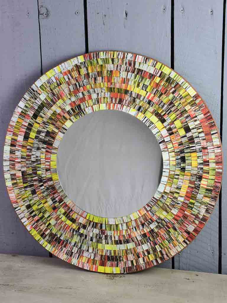 Pair of round vintage mirrors with colorful mosaic frames 23¾"