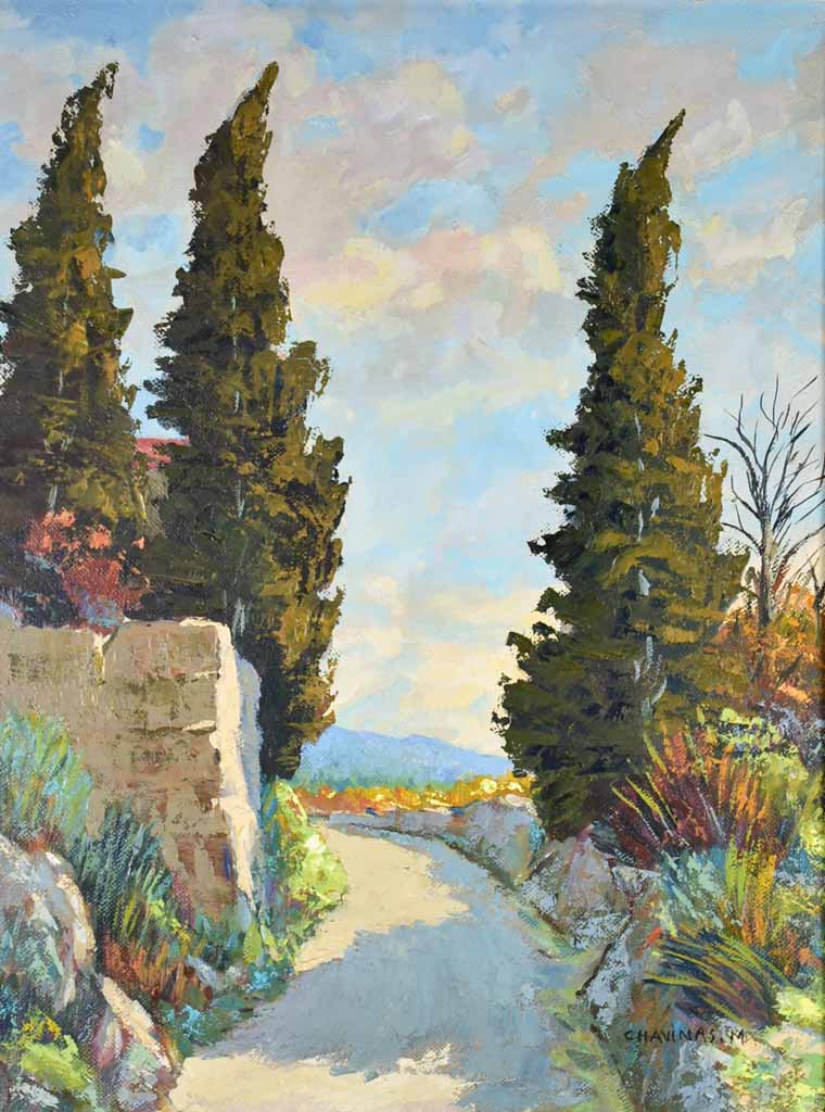 Vintage French oil on canvas of a country road in Provence, near Gigondas 21¼ x 27¼""