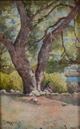 Lady sitting under a large tree by Marius Pauzat (1832-1909) watercolor 13" x 10¼"