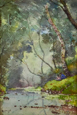 Under the birch trees by the creek, by Marius Pauzat (1832-1909) watercolor 11" x 14¼"