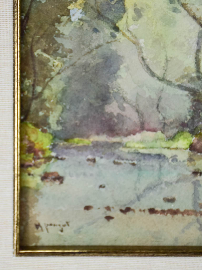 Under the birch trees by the creek, by Marius Pauzat (1832-1909) watercolor 11" x 14¼"