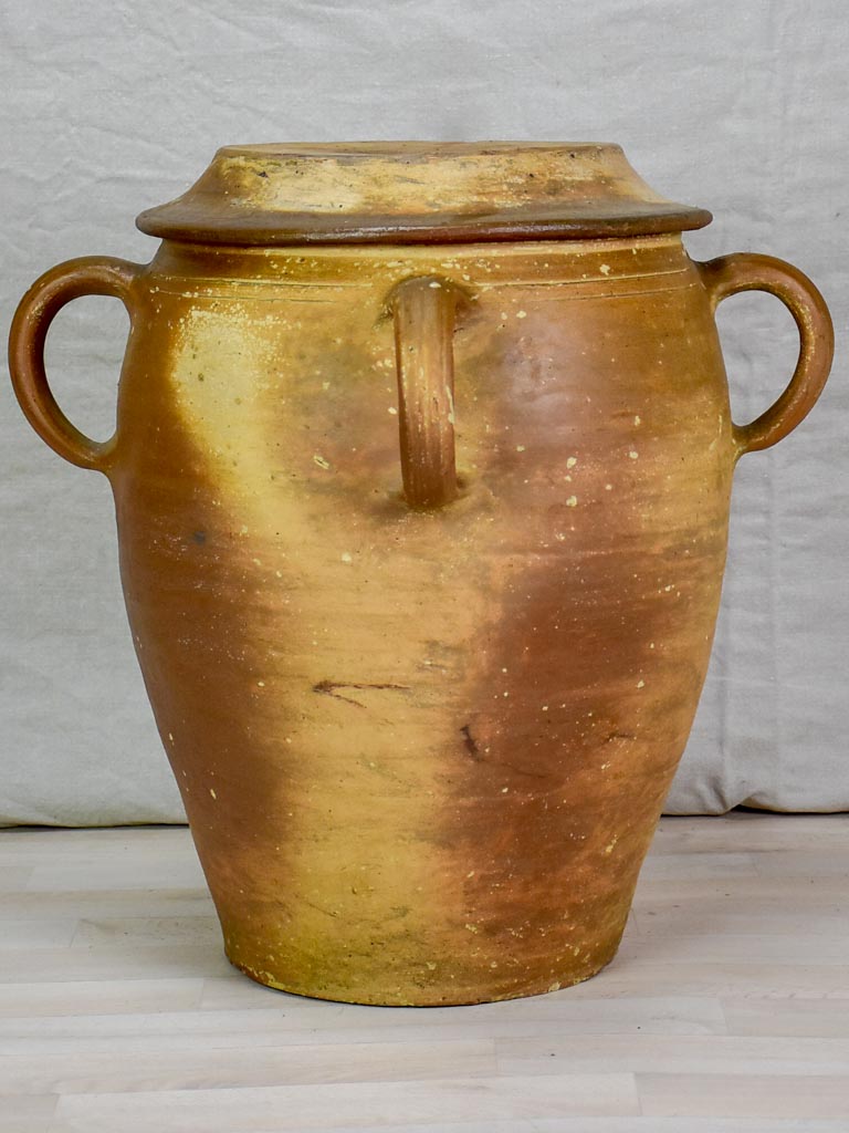 Large antique ceramic olive pot with four handles and lid 22"