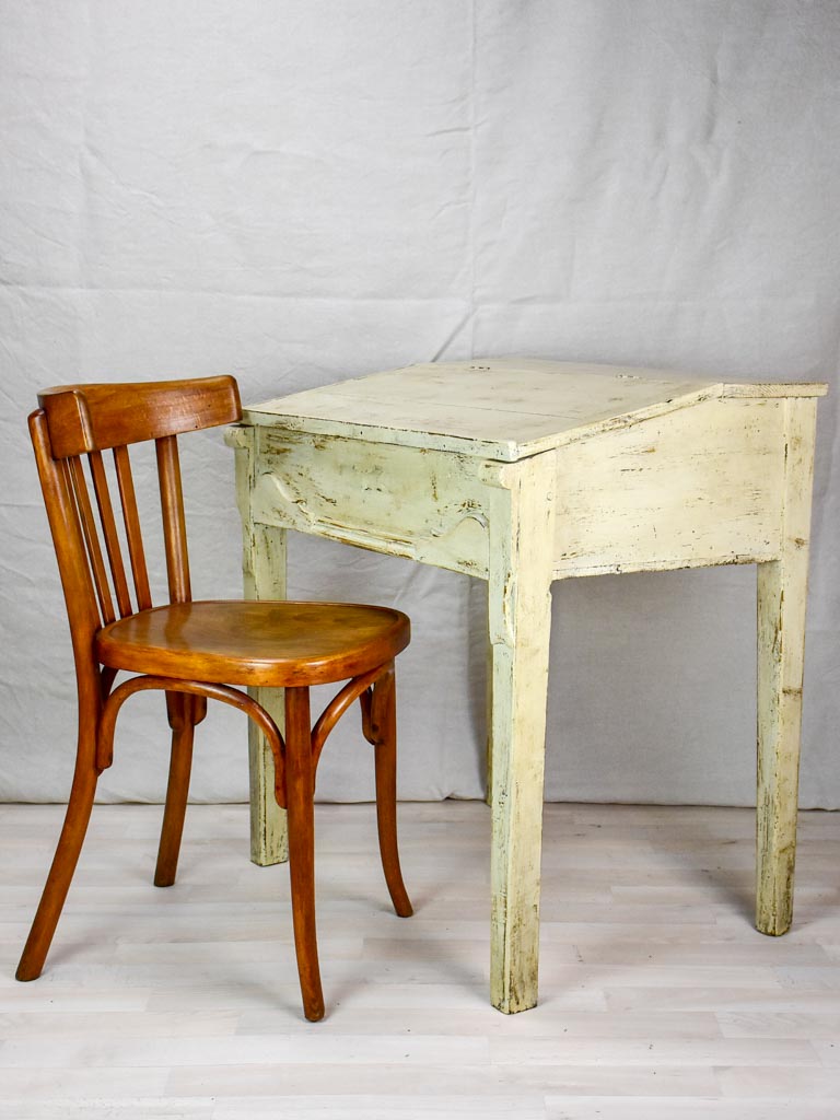 Antique French school desk with lid and gray  / beige patina