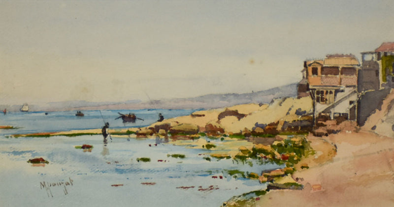 A fishing village by Marius Pauzat (1832-1909) watercolor 11" x 16½"