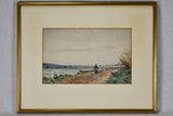 Lady walking by the sea - watercolor. Unsigned Marius Pauzat (1832-1909) 11½" x 14½"