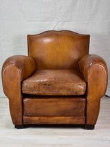 Large 1950's French leather club chair with mustache back and barrel arms