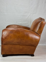 Large 1950's French leather club chair with mustache back and barrel arms