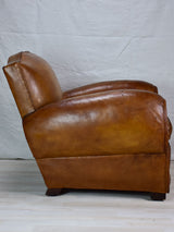 Large 1950's French leather club chair with mustache back and barrel arms