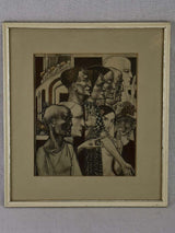 Unusual theatrical drawing of faces dated 1922 - pen and ink 12½" x 14¼"