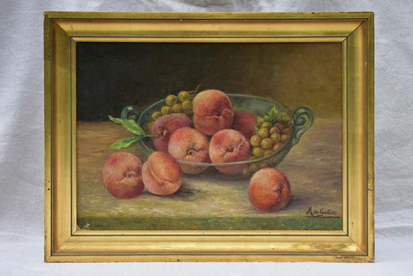 Vintage still life painting - peaches and grapes in a glass bowl. M de Guibert 1971