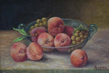 Vintage still life painting - peaches and grapes in a glass bowl. M de Guibert 1971