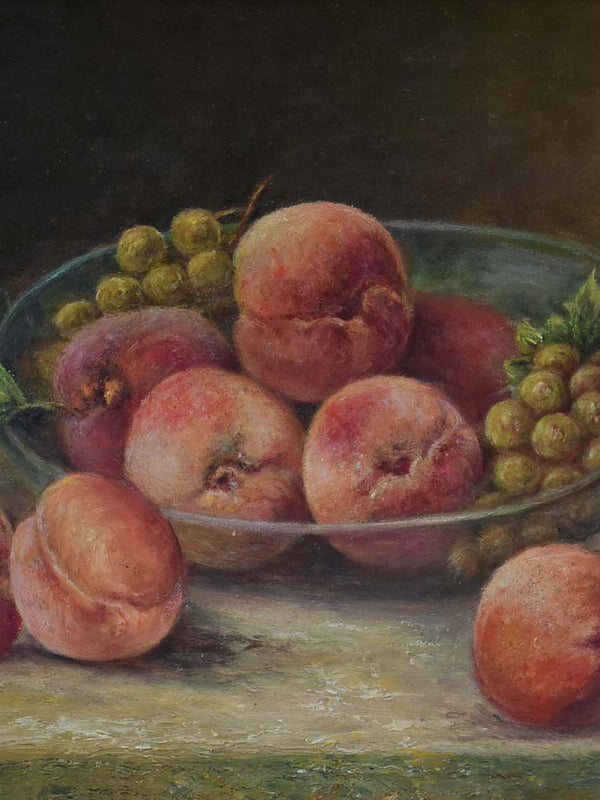 Vintage still life painting - peaches and grapes in a glass bowl. M de Guibert 1971