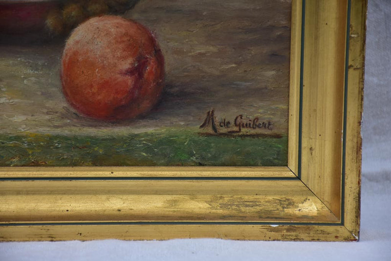 Vintage still life painting - peaches and grapes in a glass bowl. M de Guibert 1971