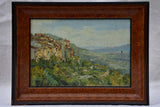 Small vintage French painting of a hilltop village and the countryside