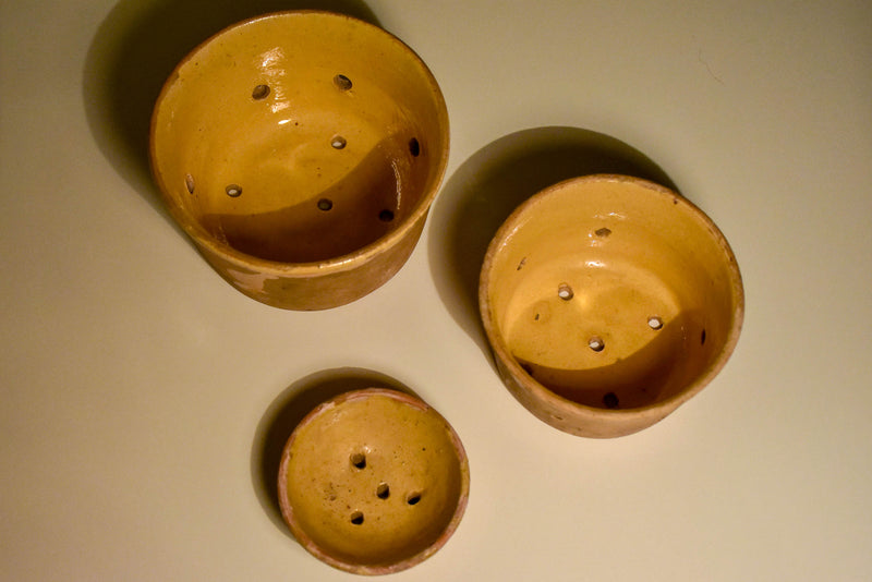 Three antique French cheese molds - 'faisselles'