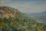 Small vintage French painting of a hilltop village and the countryside