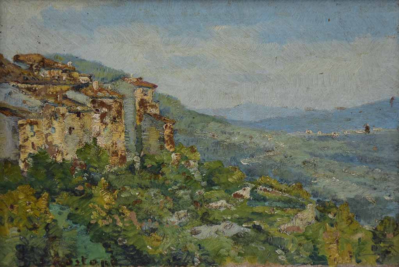 Small vintage French painting of a hilltop village and the countryside