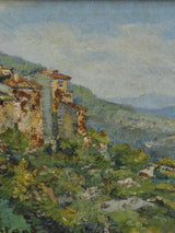 Small vintage French painting of a hilltop village and the countryside