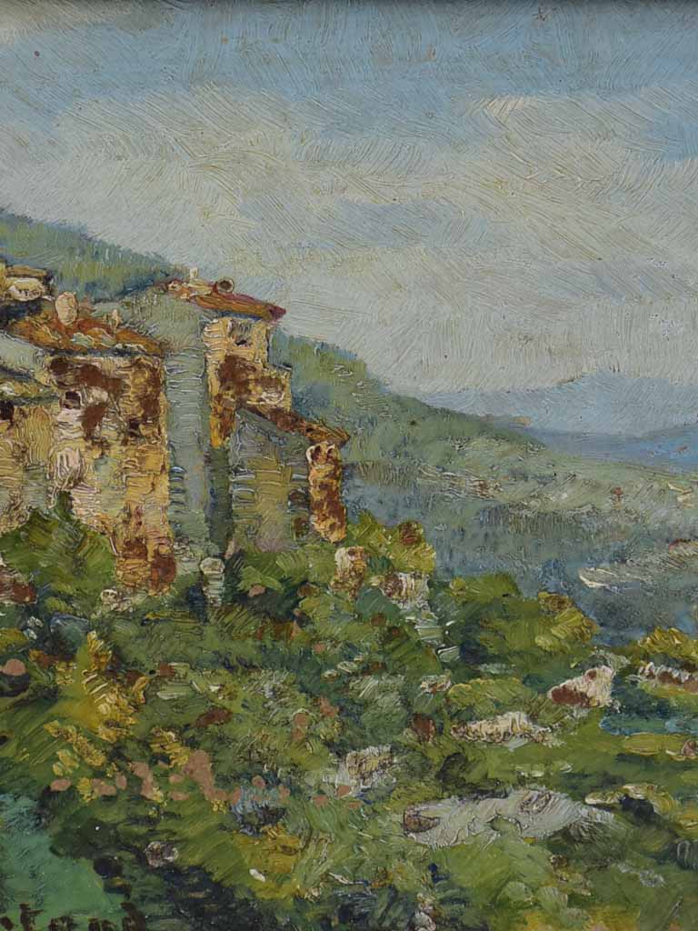 Small vintage French painting of a hilltop village and the countryside