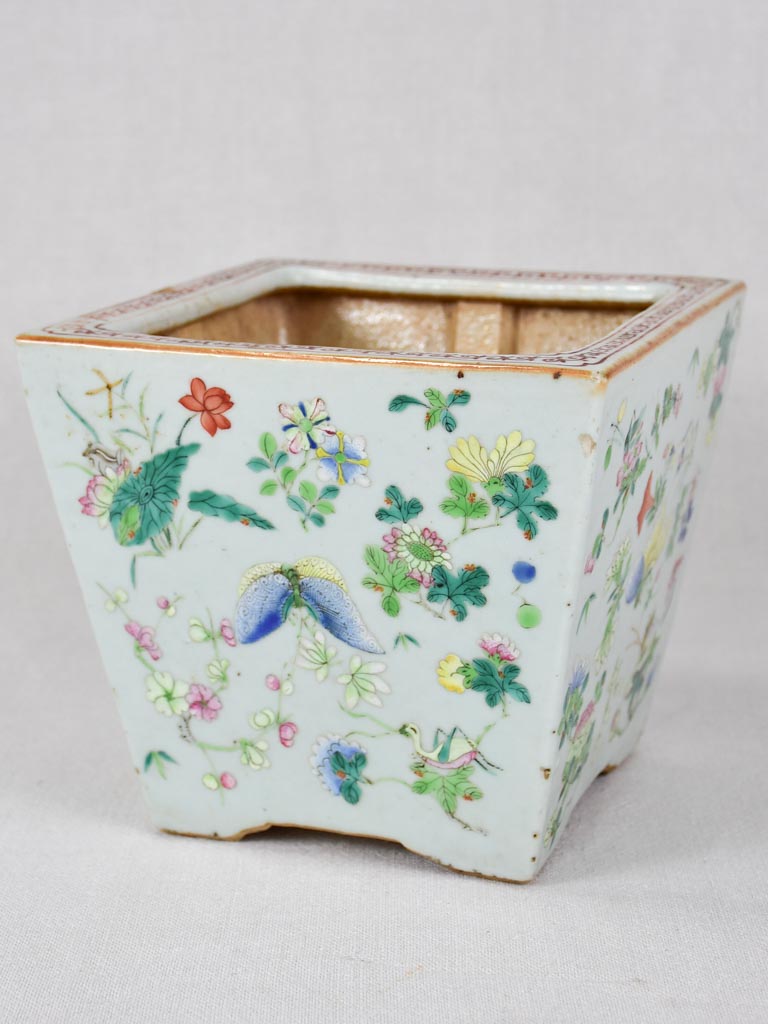 Vintage square cachepot decorated with butterflies and flowers 8"