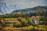 Vintage French painting of a home on a river with snow-capped mountains. S Moretti