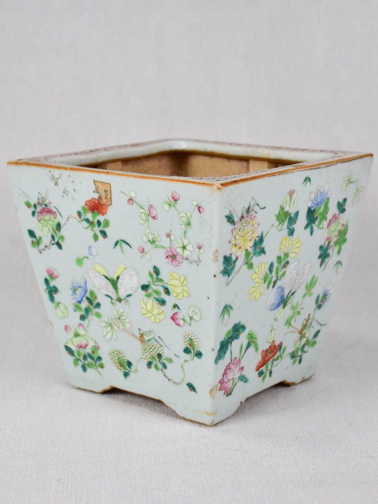 Vintage square cachepot decorated with butterflies and flowers 8"
