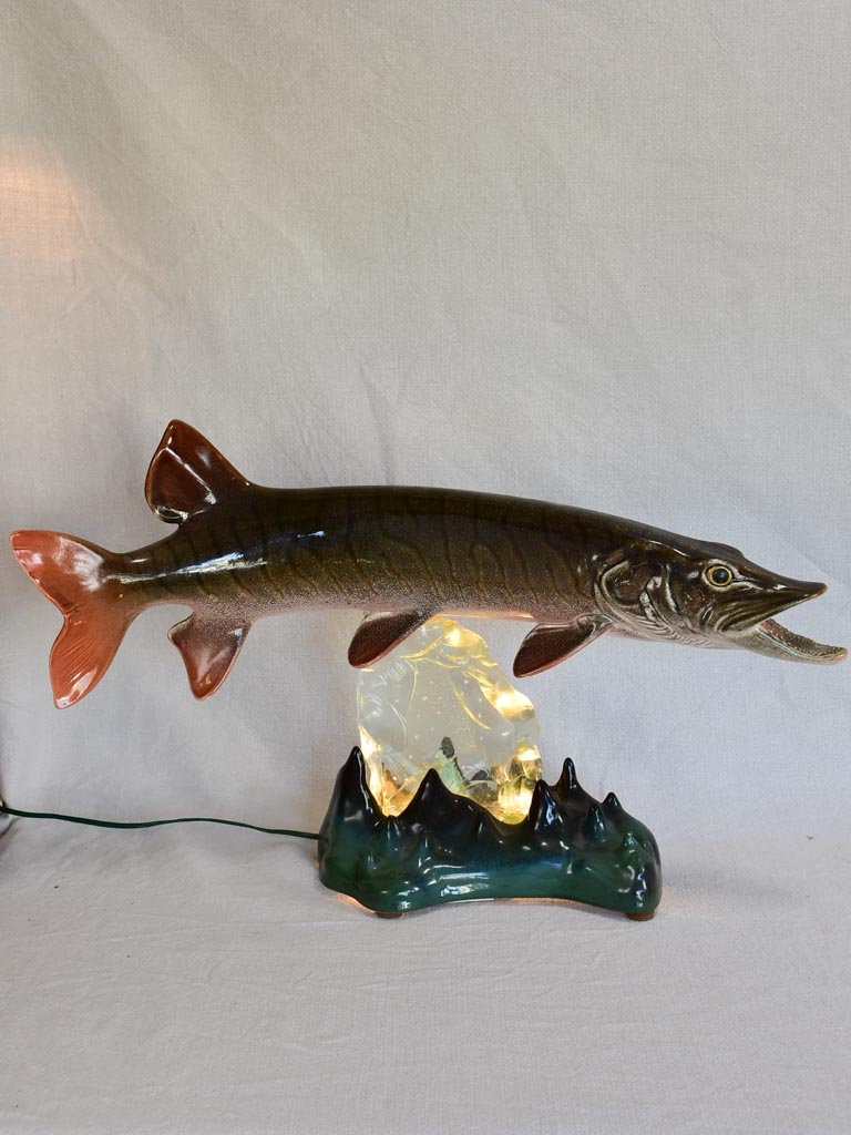 Barbotine table lamp in the shape of a pike fish 24¾"