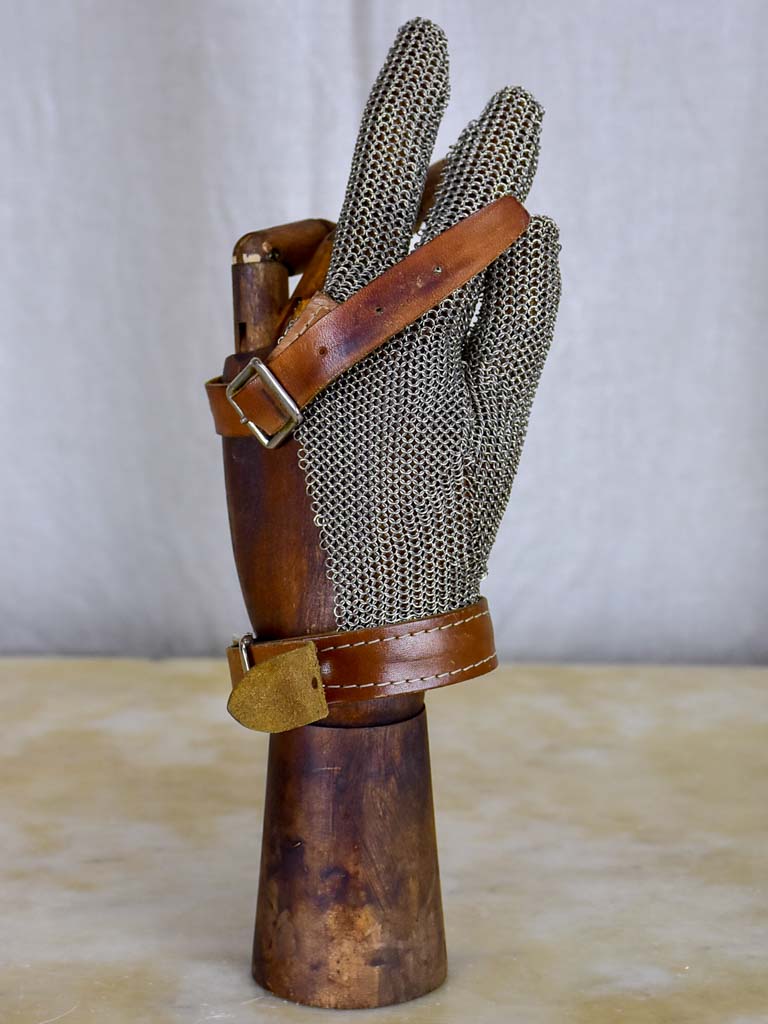 Mid-century wooden articulated hand with metal mesh glove