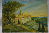 Vintage French painting of a perched Mediterranean village
