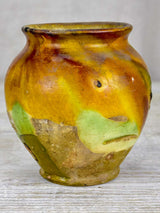 Small antique French confit pot with yellow and green glaze 6¼"